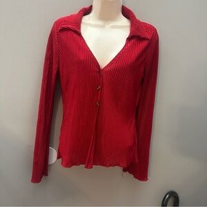 Red Ribbed Button-Up Top Free Kisses V Neck Collared Sleek Office Soft